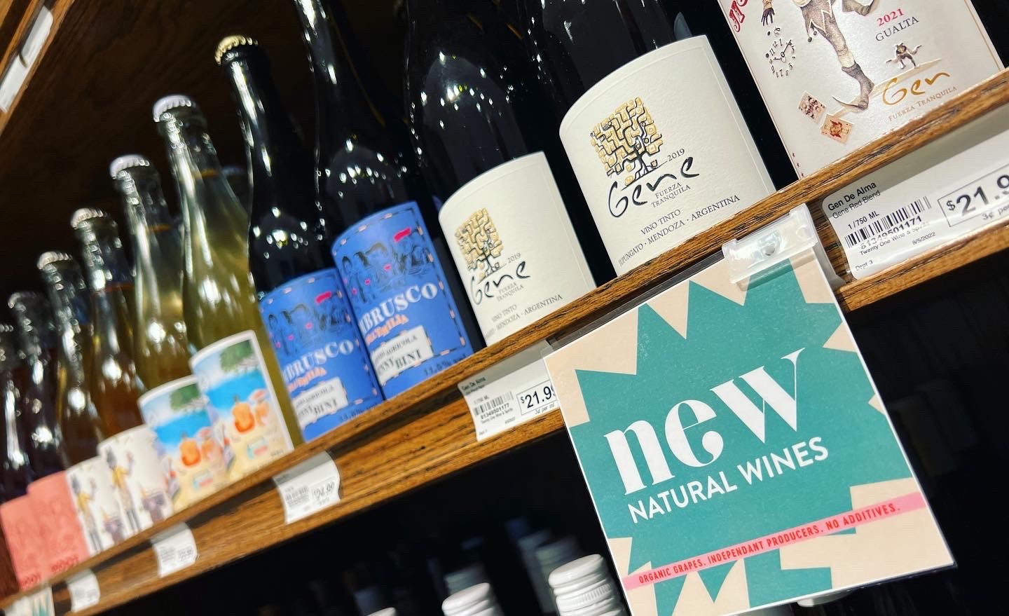 new natural wines sticker on natural wines on shelf