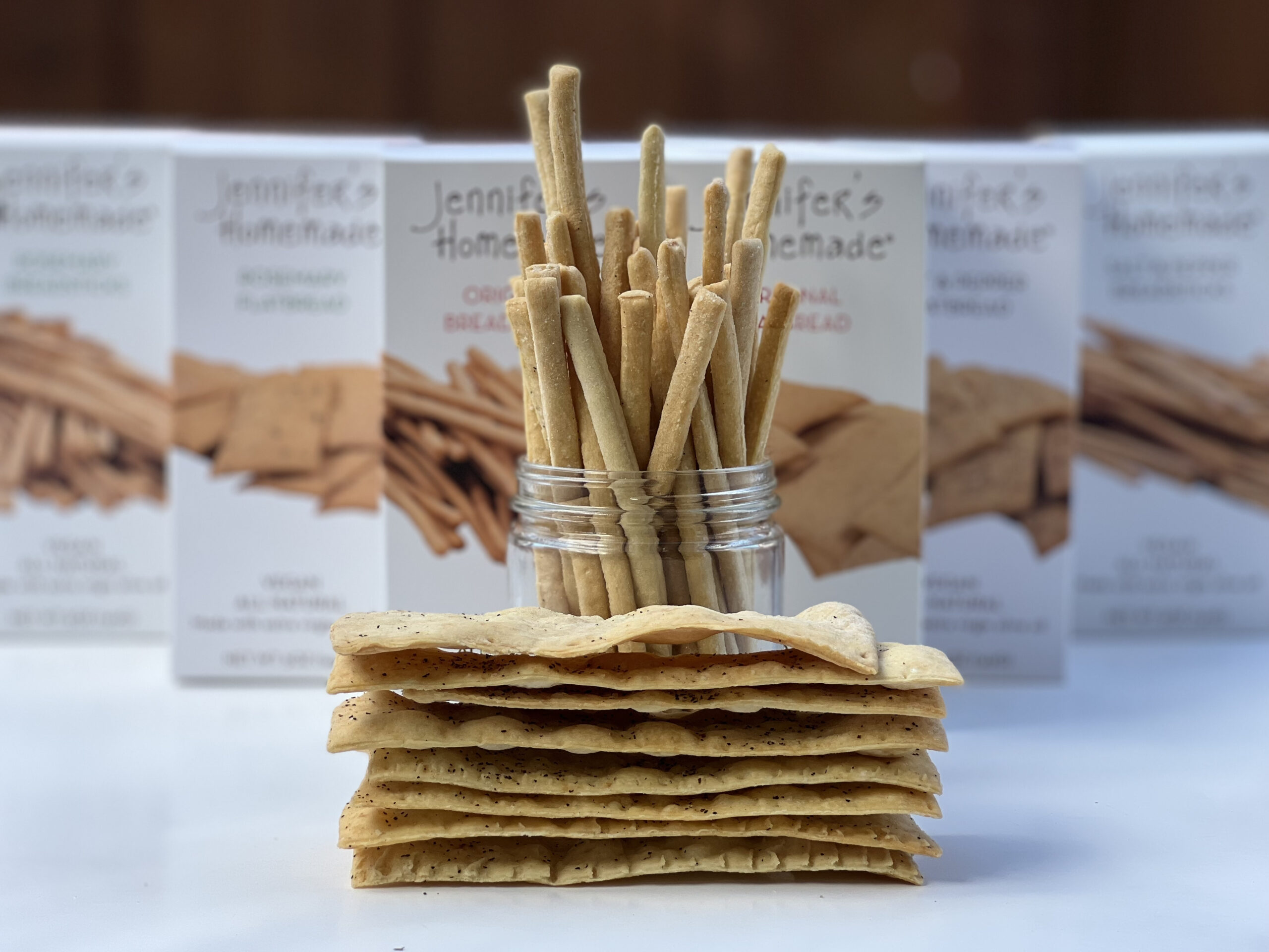 beauty shot of Jennifer's Homemade Breadsticks and Flatbreads packaged and unpackaged