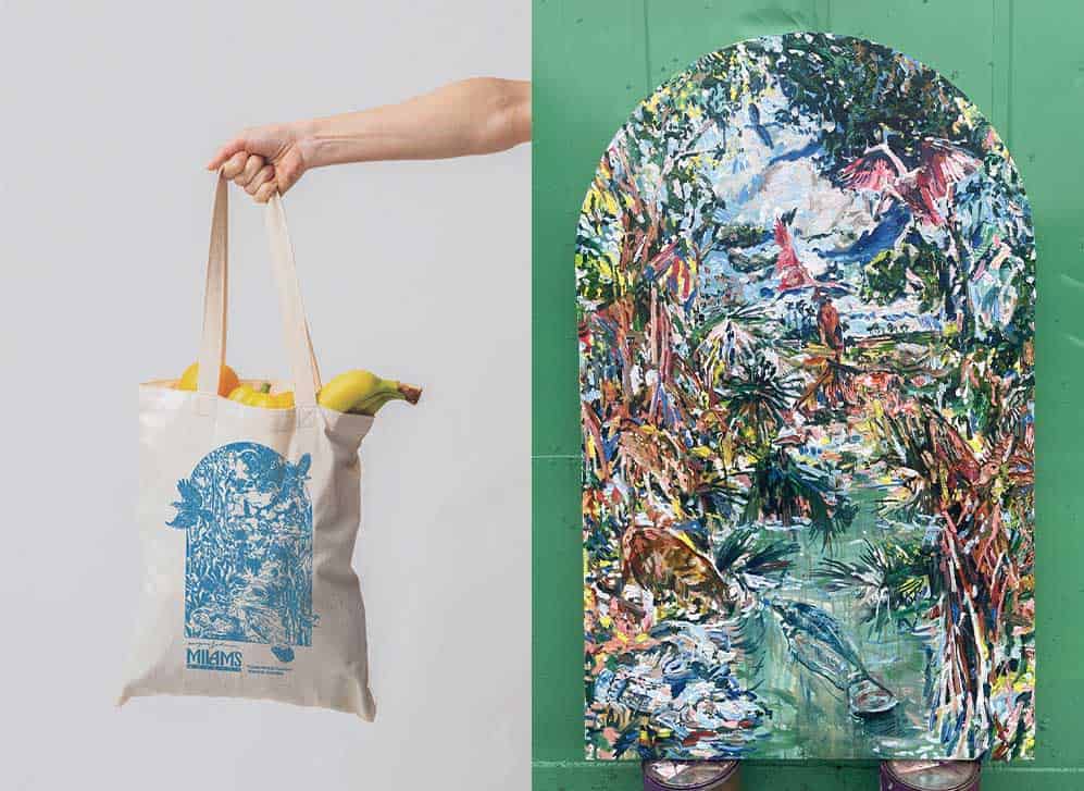 Magnus Sodamin's art and canvas bag on a split screen image