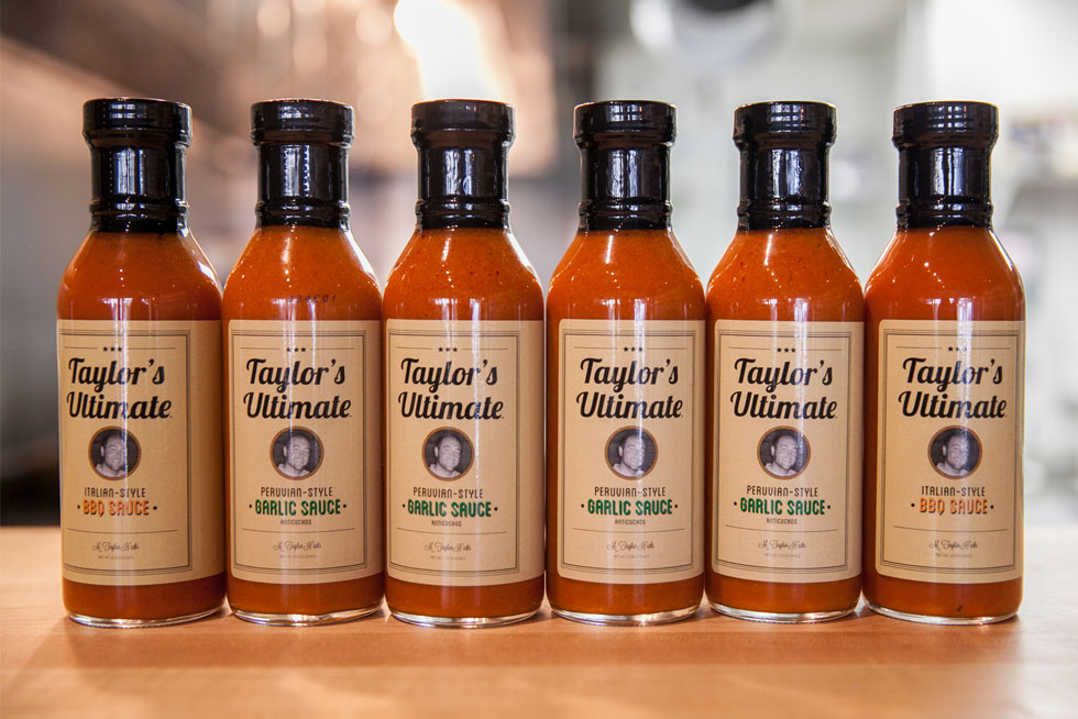 Taylor's Ultimate assortment of sauces lined up on a counter