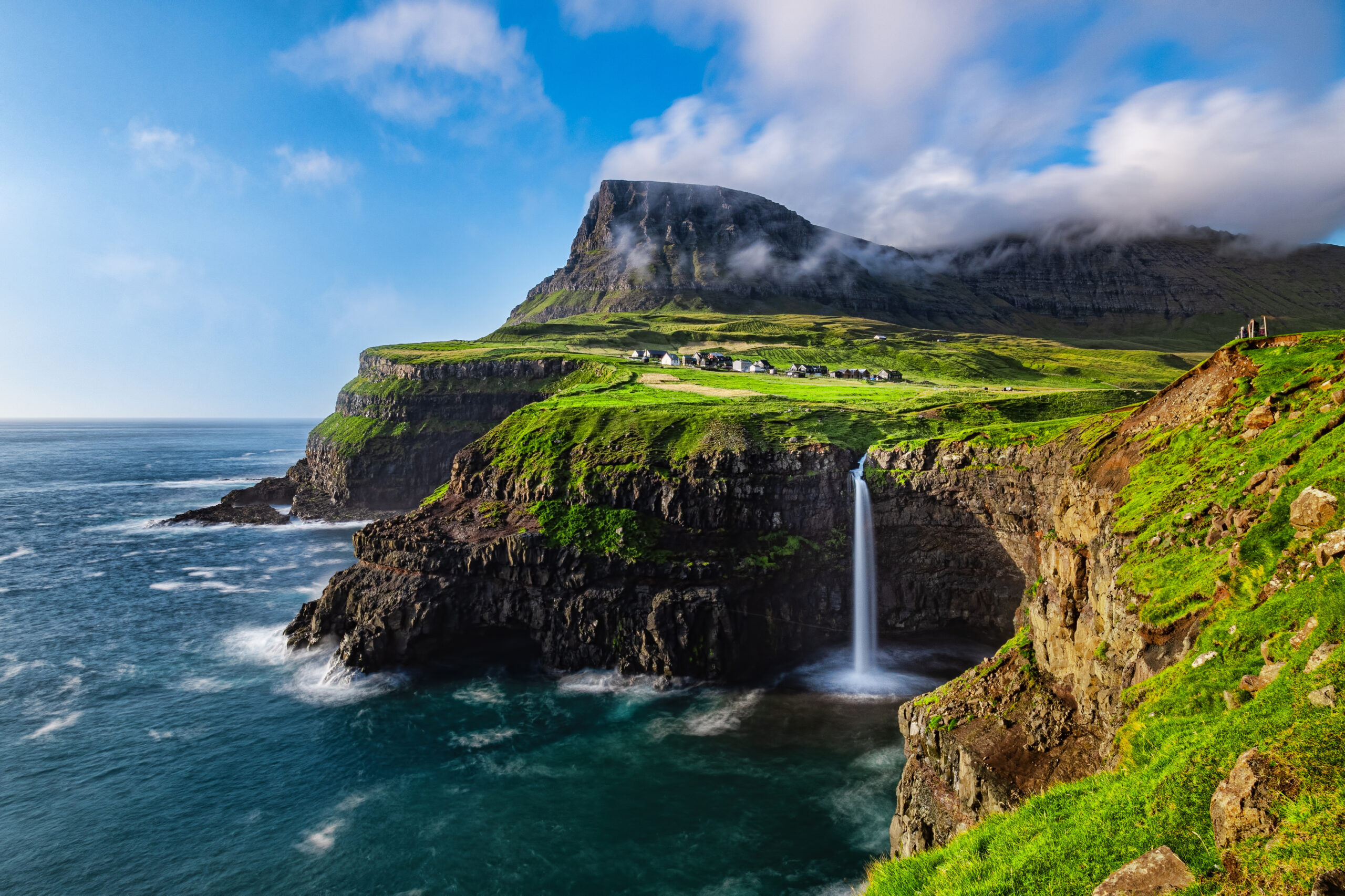 A cliff and waterfall in the Faroe Islands